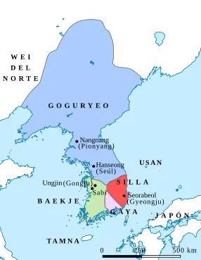 Mapa en español de Goguryeo, Baekje, Silla y Gaya a finales del siglo V.